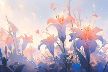 Beautiful romantic fresh flower illustrations, spring fantasy flower wallpaper concept illustrations