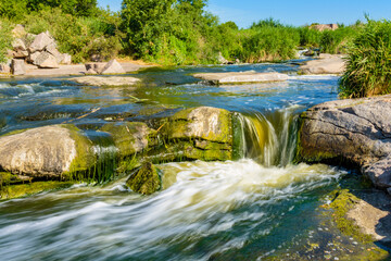 View on Tokovsky waterfalls and rapids on the Kamianka river. Dnipropetrovsk region, Ukraine