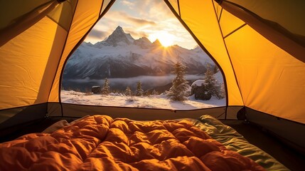 Sunrise view from a cozy tent in a snowy mountain landscape.