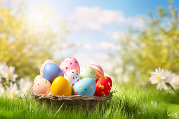 Fototapeta premium Colorful Easter eggs in basket on the green meadow. Generative AI