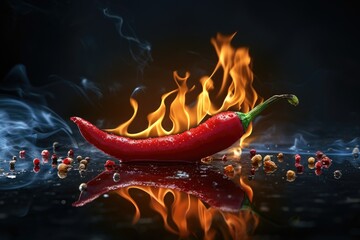 burning red hot chilli pepper in fire on dark black background