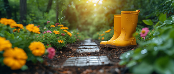 Gardening background with flowerpots, yellow boots in sunny spring or summer garden --ar 21:9 --stylize 750 --v 6 Job ID: b99f2162-54f6-4428-8f94-a92c7d5b4034 - obrazy, fototapety, plakaty