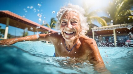 A happy elderly retired woman is enjoying life in the pool of the aquapark. Travel, Vacations,...