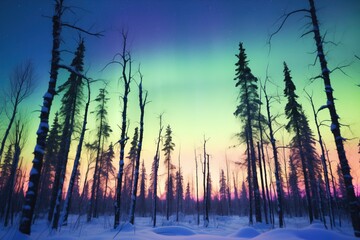 dark forest silhouetted against a vibrant winter aurora