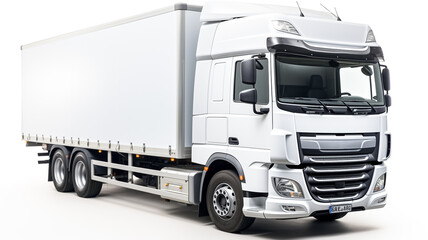 Commercial vehicle truck. A white lorry cargo truck with a white blank empty trailer isolated. Cargo truck advertising, mockups on white background.