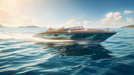 Luxury speedboat cruising on serene ocean waters. - obrazy, fototapety, plakaty