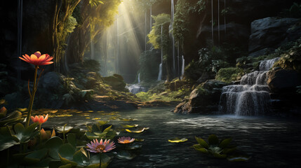 beautiful waterfall in the jungle with the sun shining and some lotus flowers - Powered by Adobe