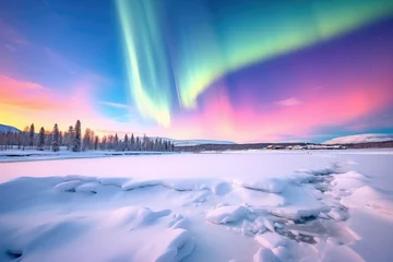Wandcirkels aluminium spectacular multicolored aurora display across a snowy landscape © stickerside