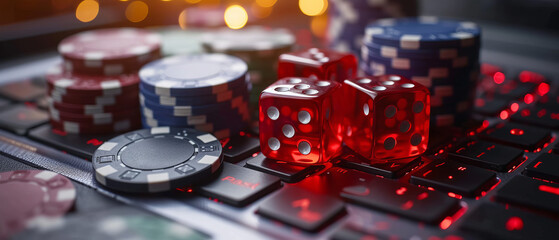 Online gambling, casino chips, cards and dice laying on laptop keyboard, internet betting gaming addiction, generative ai.