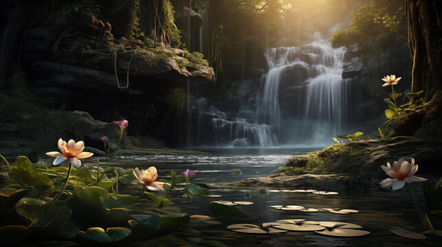 beautiful waterfall in the jungle with the sun shining and some lotus flowers