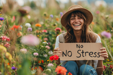 No stress concept image with a relax hippie woman in middle of beautiful nature holding a sign with written words No stress - obrazy, fototapety, plakaty