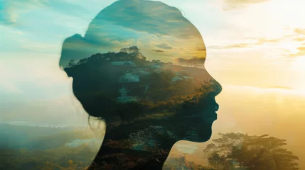  Outline of a human head containing a serene landscape background, symbolizing the concept of inner peace and mental tranquility with copy space © Keitma