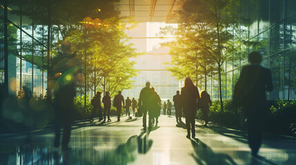 Blurred background of people walking in a modern office building with green trees and sunlight , eco friendly and ecological responsible business concept image with copy space