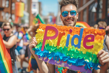 Happy gay man at a pride march holding a rainbow colored sign with written Pride text word at LGBTQ+ Gay Pride Parade - obrazy, fototapety, plakaty