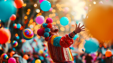 Artistic representation of jugglers skillfully performing with vibrant balls at a carnival, adding flair to the entertainment - obrazy, fototapety, plakaty