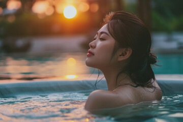 A serene Asian woman enjoying a spa hot tub during twilight with last sun rays on her face and natural backdrop - obrazy, fototapety, plakaty