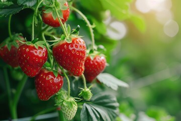 Close up strawberry bush garden background, Farm fresh strawberries