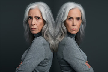 Confident Stare, Silver-Haired Female Twins in Grey Turtlenecks, Strong Presence