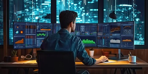 Businessman analyzing data in technology at night in office. Engaging in financial management man at computer showcasing digital charts and graphs. Professional marketing and online communication