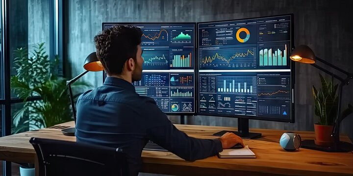Businessman analyzing data in technology at night in office. Engaging in financial management man at computer showcasing digital charts and graphs. Professional marketing and online communication