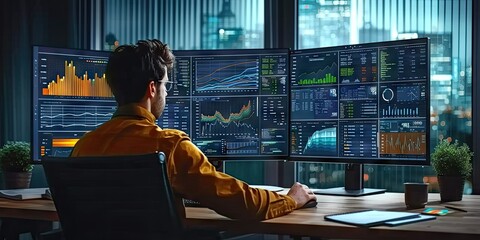Businessman analyzing data in technology at night in office. Engaging in financial management man at computer showcasing digital charts and graphs. Professional marketing and online communication