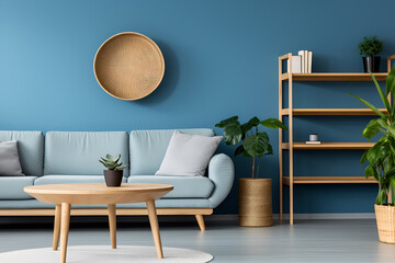 Modern Scandinavian home interior design of a living room with A wooden round coffee table near a blue sofa, green plants	and wooden decor
