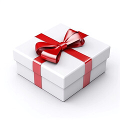 White 3d gift box decorated with red bow, isolated on white background. Happy Valentine's day.