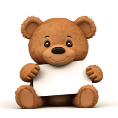 Cute 3d teddy bear holding a large white paper with space for text. A romantic gift for Valentine's Day or a love holiday