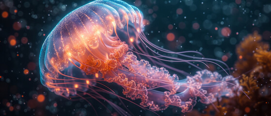 Fototapeta premium Vibrant aquatic sea jelly with glowing tentacles, generative ai