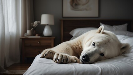 A white polar bear in the bed room of a cozy home from Generative AI