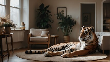 A tiger in the living room of a cozy home from Generative AI - obrazy, fototapety, plakaty