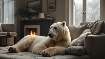 A white polar bear in the living room of a cozy home from Generative AI
