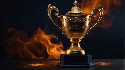 Fototapeta na wymiar Gold trophy in fiery burning atmosphere around on dark blue background from Generative AI