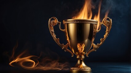 Fototapeta na wymiar Gold trophy in fiery burning atmosphere around on dark blue background from Generative AI