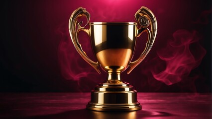 Gold trophy in fiery burning atmosphere around on dark pink background from Generative AI