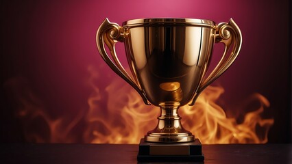 Fototapeta na wymiar Gold trophy in fiery burning atmosphere around on dark pink background from Generative AI