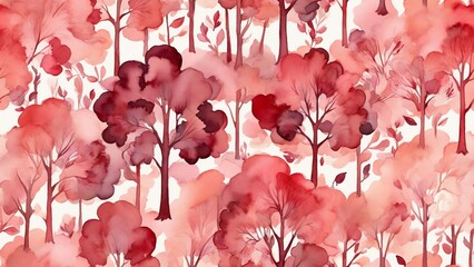 Seamless pattern of watercolor abstract of burgundy red trees in pastel colors from Generative AI