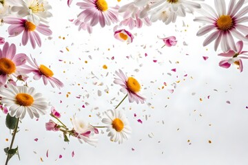 Fototapeta na wymiar white and pink flowers, petals flying in the sky, fragrance of love and joy