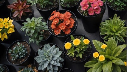 Top view of colorful flower plants in black plastic plant pots from Generative AI