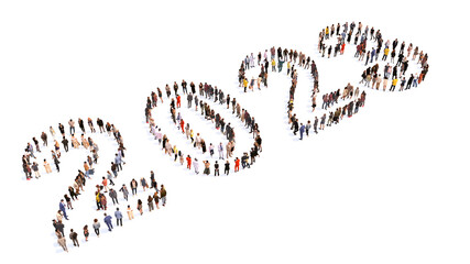 Concept or conceptual large community of people forming 2023 year. 3d illustration metaphor for celebration, festive, party, hope, future, prosperity, health and luck, business and teamwork