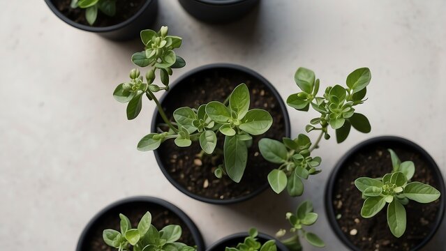 Top view of oregano plants in black plastic plant pots from Generative AI