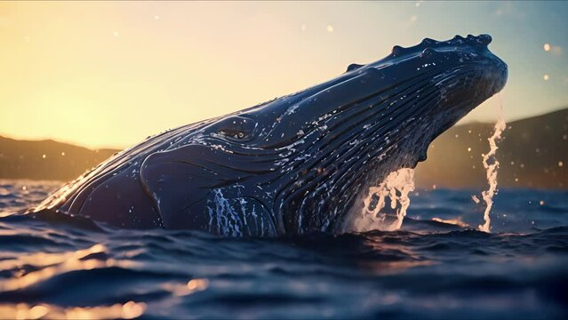 Closeup of a majestic humpback whale, its barnacled skin glistening in the sun.