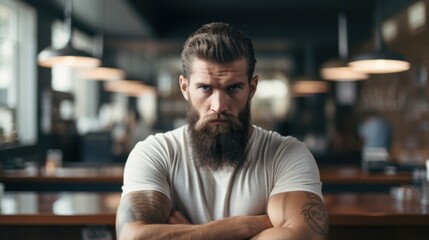 Frustrated Landlord Confronts Angry Bearded Man in Cafe - obrazy, fototapety, plakaty