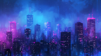 Fototapeta na wymiar Midnight cityscape gradient in deep navy, violet, and electric blue, accompanied by a grainy texture for a futuristic urban event poster.