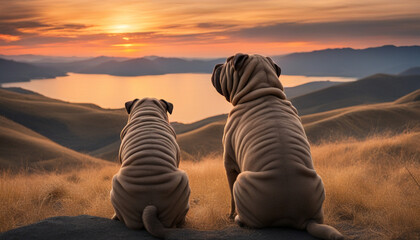 Shar-pei dogs looking at the horizon in a sunset in the mountains - obrazy, fototapety, plakaty