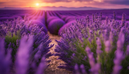Blooming lavender field view on sunset
