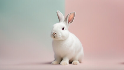 Obraz premium White bunny sitting in front of a pastel background
