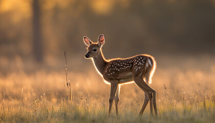 Naklejka premium Sunrise backlit of a whitetail fawn in an open field
