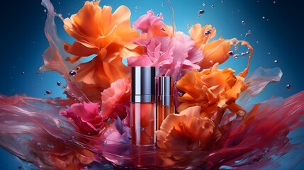Detailed Elegance: Vibrant Composition of Cosmetic Items and Skincare Products Enhanced by Color Gels. Crafting an Ultra-Realistic Aesthetic for Your Captivating Cosmetic Website Cover