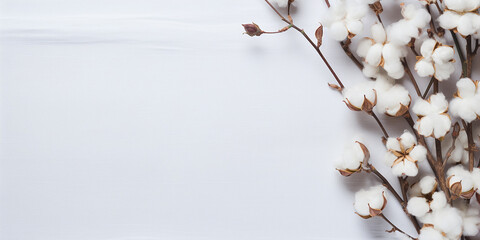 flat lay dry branches with cotton flowers on a white background, with space for text